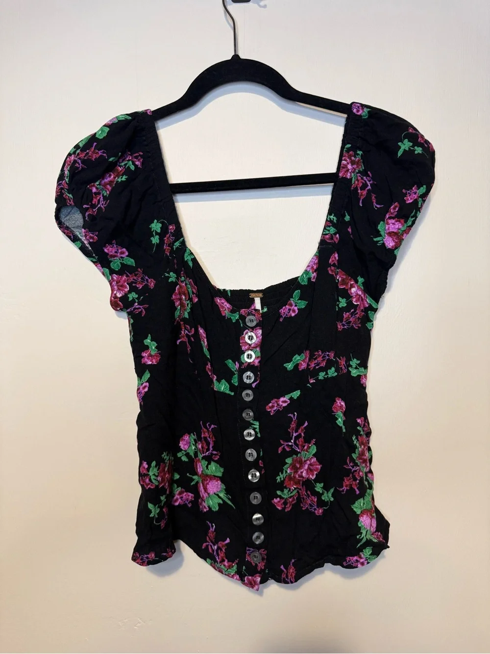 FREE PEOPLE Close to You Romantic Floral Print Blouse Buttons Puff Sleeve Sz S